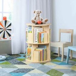 New 360° Freely Rotating Bookshelf 2-Tier Round Corner Bookshelf Natural Wood Storage Rack