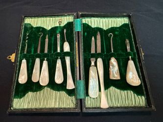 Antique 1900s nine piece mother-of-pearl abalone vanity set