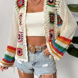 Floral Crochet Open Front Cardigan, Vacation Bell Sleeve Hollow Out Cardigan