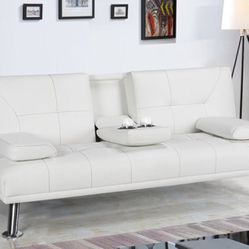 Futon, Sofa, Convertible Bed, White W Cup holders And Pillows, Faux Leather