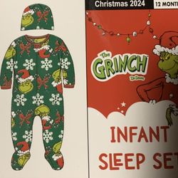 New The Grinch size 12 month super soft fleece Christmas pajama sleeper and cap 