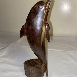 Hand Carved Wooden Smooth Dophin Statue Sculpture Iron Wood Beach Home Decor 8"