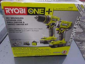 New Ryobi One Plus 18V brushless drill driver and impact driver kit with battery charger and tool bag