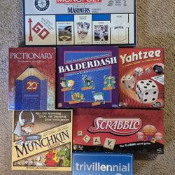 Lot of 6 Board Games + Trivia Monopoly Pictionary Balderdash Yahtzee Scrabble