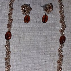 Elegant Gold Brown Beaded Necklace Earrings Set