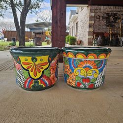 Talavera Green Rim Clay Pots, Planters,Plants, Pottery. $60 each