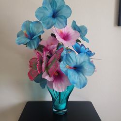 Gorgeous Italian Glass Vase With Silk Flowers Arrangement 