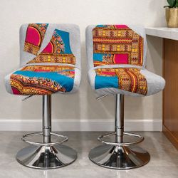 Modern Luxury Bar Stools with Handmade African Fabric Covers — Exclusive Designer Set (2)