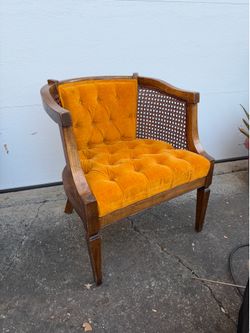 MCM Mid Century Modern Hollywood Regency Tufted Mustard Velvet Cane Barrel Accent Chair