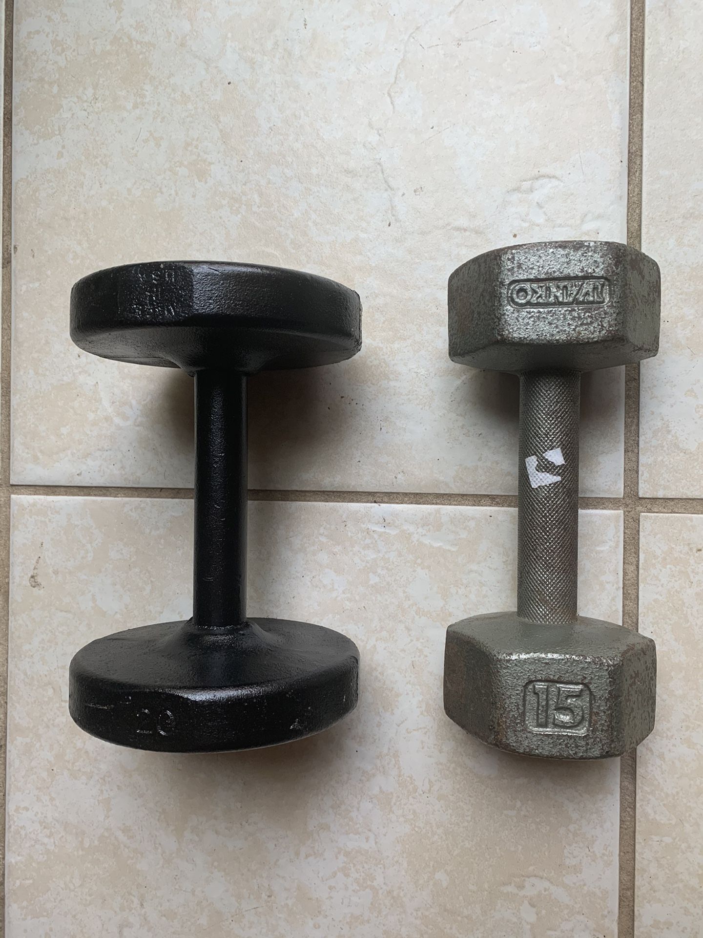 2 Dumbbells for Sale.  (15 Lbs is for $20).    (20 Lbs is for $30)
