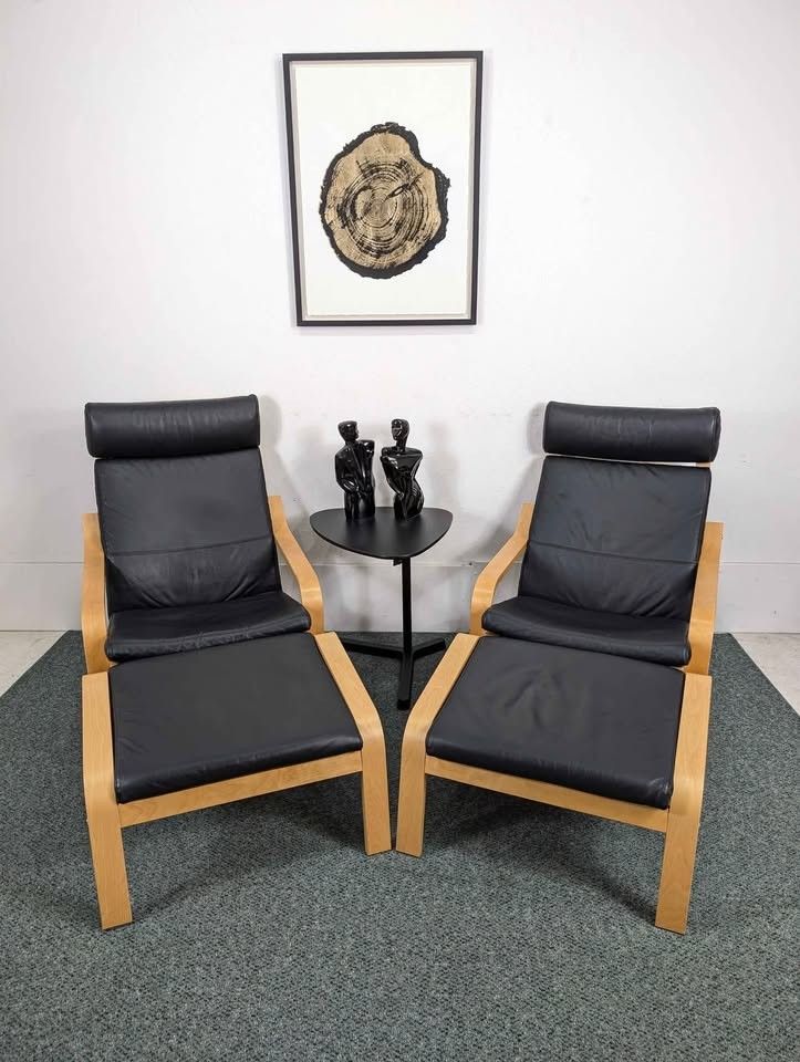 Pair of Black Leather & Birch IKEA Poang Lounge Chairs & Ottomans
