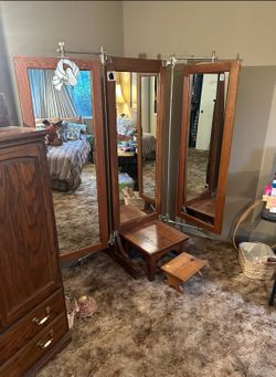 Antique Oak & Iron Trifold Tailors Haberdashers Dressing Mirror