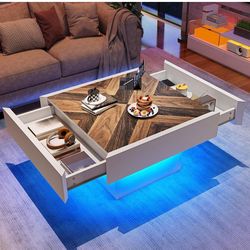 Square Coffee Table with LED Lights and Storage Drawers for Living Room - BRAND NEW STILL IN BOX