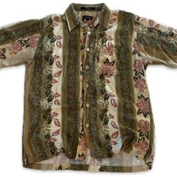 Marc Edwards Mens Hawiian Shirt Green Floral L Rayon Short Sleeve Collar