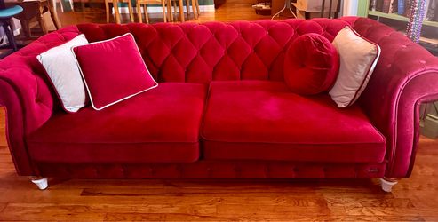 Burgundy Velvet Tufted Chesterfield-Style Sofa with Accent Pillows