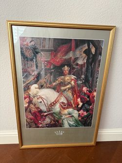 Colorful Large Matted Gold Tone Wooden Framed Picture “The Two Crowns” by Sir Frank Dicksee