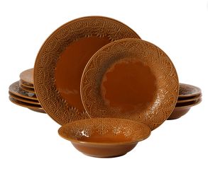 The Pioneer Woman Vintage Lace 12-Piece Ceramic Dinnerware Set, Caramel