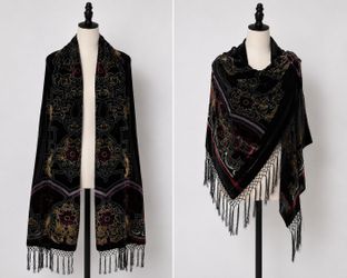 Vintage Silk Velvet Burnout Fringe Scarf Shawl Wrap