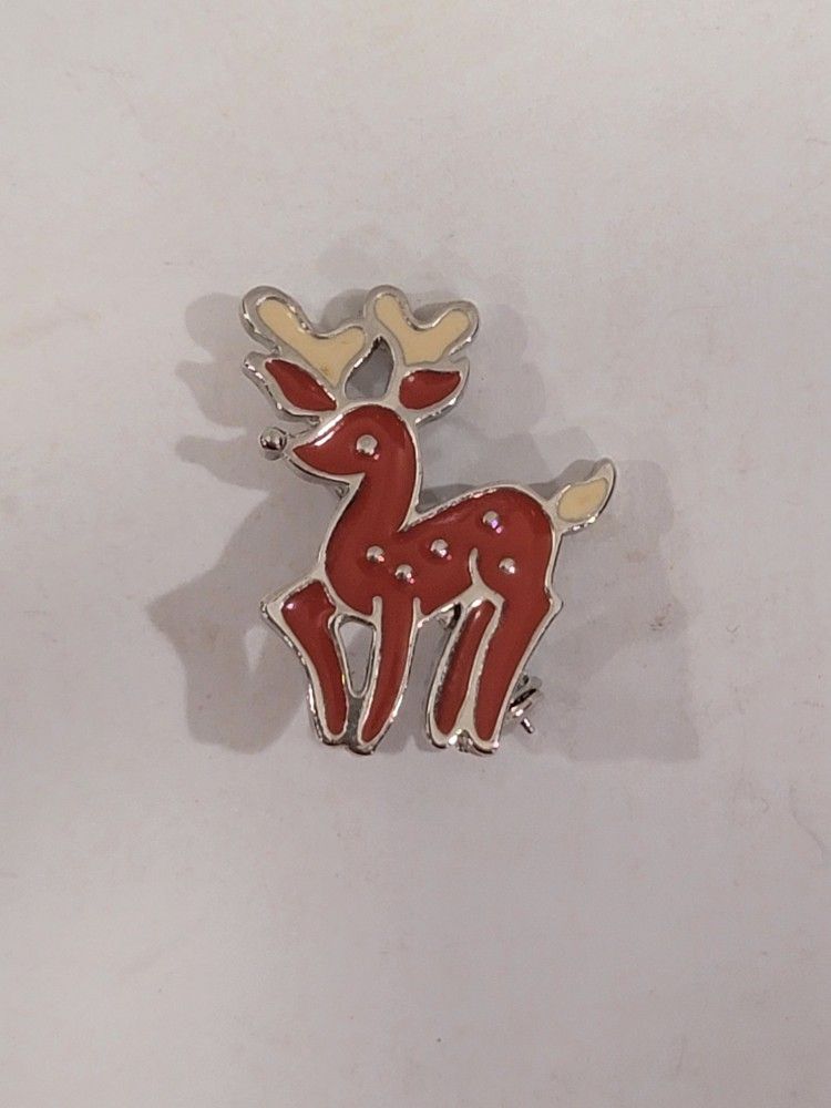 Vintage Reindeer Silver Tone Multicolor Enamel Brooch Pin Signed