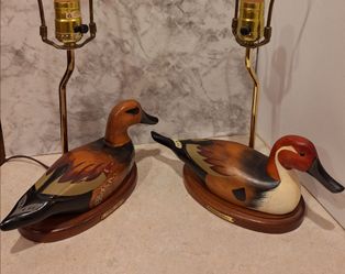 Vtg Wood Duck Decoy Lamp Bases & Harps– Set of 2