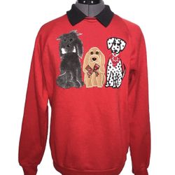 Vintage 80s 90s Dog Granny Collared Sweatshirt Jerzees Red 3D Fuzzy Novelty L 