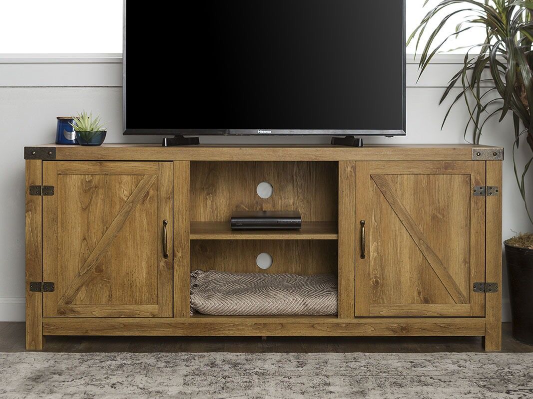 Manor Park Modern Farmhouse Barn Door TV Stand for TV's 58inch- Barnwood Description:Open and closed storage with open and closed shelving space Cabl