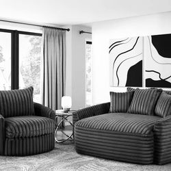 OVERSIZE CHAISE LOUNGE AND SWIVEL CHAIR W 360 DEGREE ROTATION!!!  PLUSH CORDUROY  GREY OR BEIGE BOTH NEUTRAL HUE COLOR!!