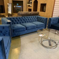 Blue Velvet Sofá Loveseat And Chair