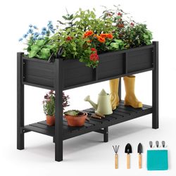  Raised Garden Bed with Legs and Storage Shelf, Outdoor Planter Box, 47x19x28in