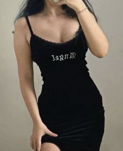 SHEIN Black Velvet Lace Trim Angel Embroidered V-Neck Slip Mini Dress M