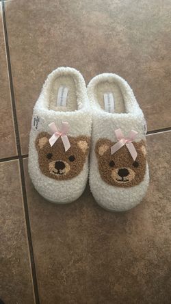 Slippers Fuzzy Teddy Bear Pink Bow Size 7/8