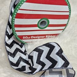 Halloween/ Christmas Black and White Glitery Chevron / Stripe Decorative Wire Ribbon -2 1/2 " Wide 50 Yd 🖤✨️🤍