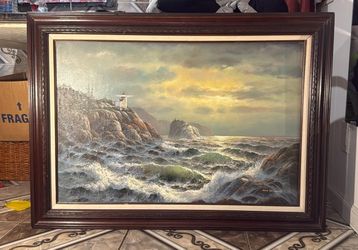 Lighthouse on Cliff at Sunset, Oil on Canvas, Signed by June Nelson. 44x33
