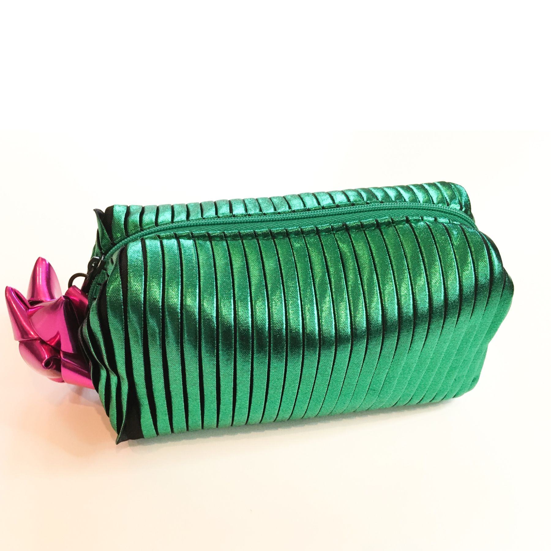 M.A.C Metallic Green Makeup Cosmetic Bag Pouch W/Pink Bow Zipper Authentic NEW