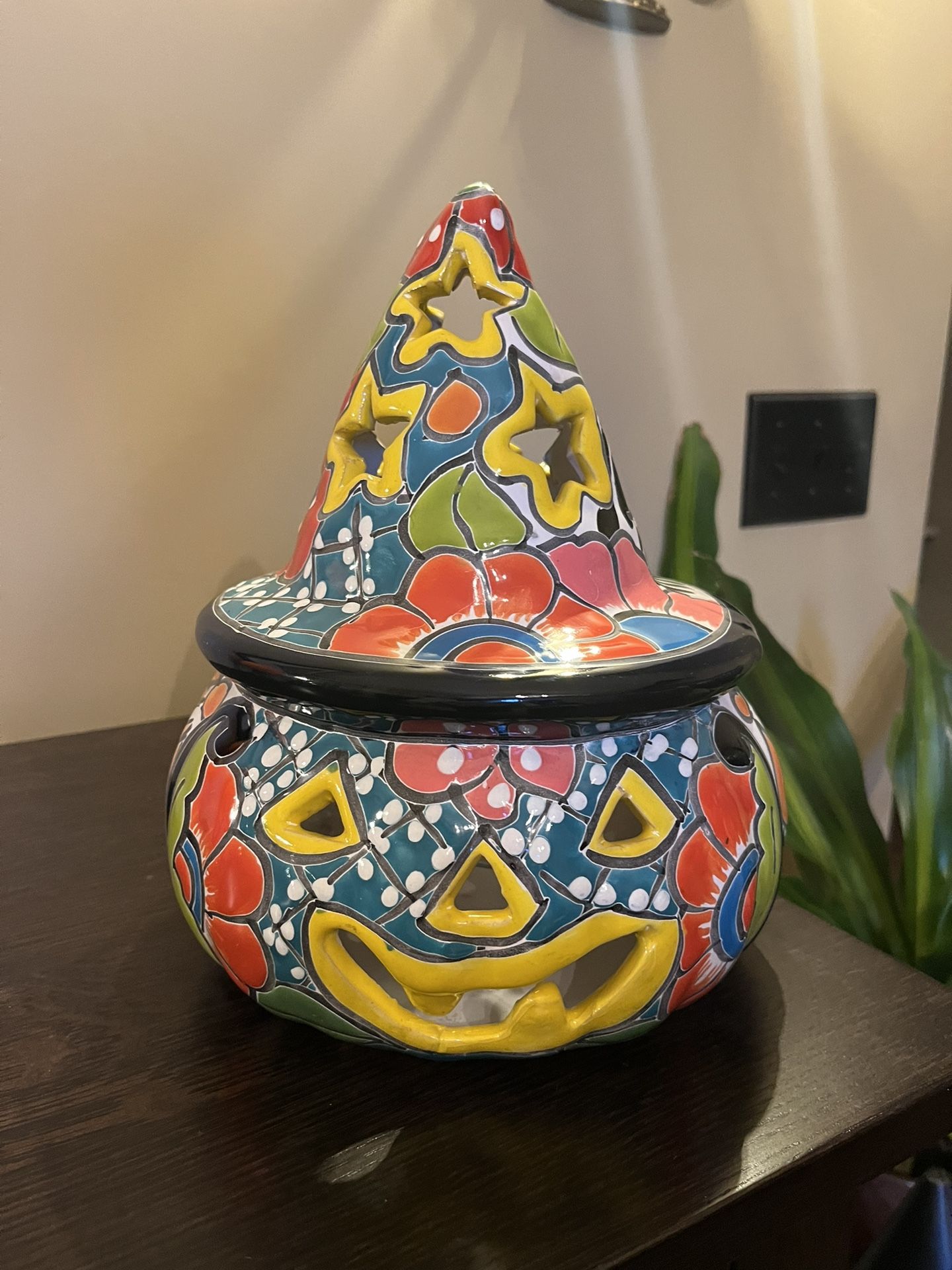 BLUEORANGE Pottery TALAVERA Pumpkin JOL Witch Hat Halloween Candle Holder