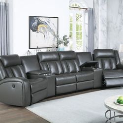 Brand New Grey Leather Power Reclining Sectional Sofa