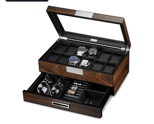Watch Box for Men 12 Slot Wooden Watch Organizer - Premium Walnut Watch Display Case Storage with Valet Drawer, Real Glass Window & Luxury Leather Int