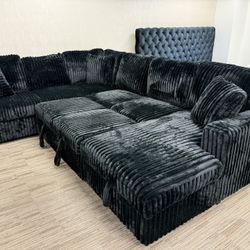 Large Black Sectional With Sleepy & Storage Chaise’s 