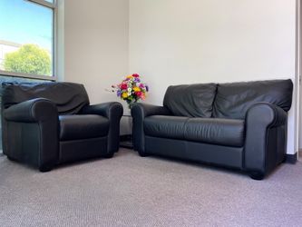 Made in Italy Black Leather Living Room Set – Sofa, Chair & Glass End Table