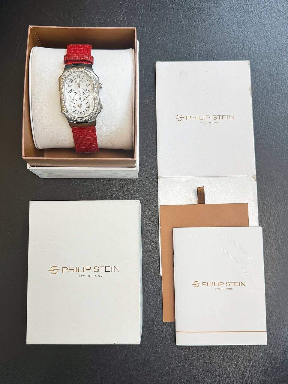 philip stein signature watch MOP dial diamond bezel red...