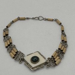Vintage Bracelet Wooden Tubes Glass Square With Round Glass Bead Size 8 Missing One Wood Tube Good Condition 