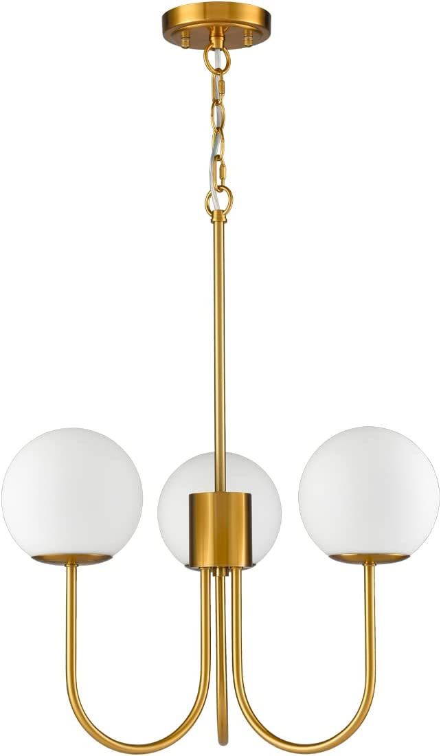 Glass Globe Chandelier Mid Century Pendant Ceiling Lights Milky White Ball Lampshade Wrought Iron for Living Dining Room Bedroom 3 Lights