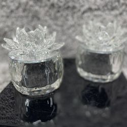 Crystal Clear Glass Flower Lotus Flower Trinket Box Lot Of 2 Home Decoration