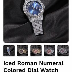 Iced Roman Numeral Colored Dial Watch IN RED ONLY