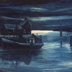 Original Stepule Harbor Night Scene Oil Painting