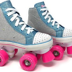 Chicago Skates Girls Fashion Quad Skates with Flashing Lights - Glitter Silver/Teal/Pink - Size J10