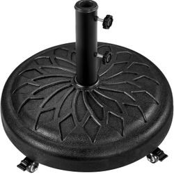 45lbs Heavy Duty Round Umbrella Base with 4 Lockable Rolling Wheels & 2 knobs, Outdoor Antiqued Umbrella Stand, 20” Market Patio Umbrella Base for Gar