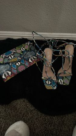 Multi Colored Snake Print Heels And Clutch