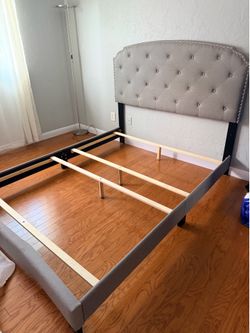 Full Size Upholstered Platform Bed Frame with Tufted Headboard – Gray