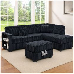 Black jumbo corduroy sectional sofa with ottoman